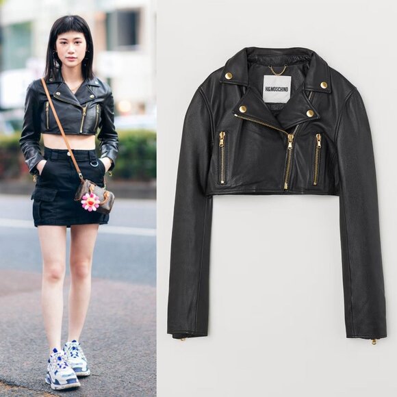 H&M x Moschino Black Leather Jacket Cropped‎ Asymmetric Zip Long Sleeve Size S